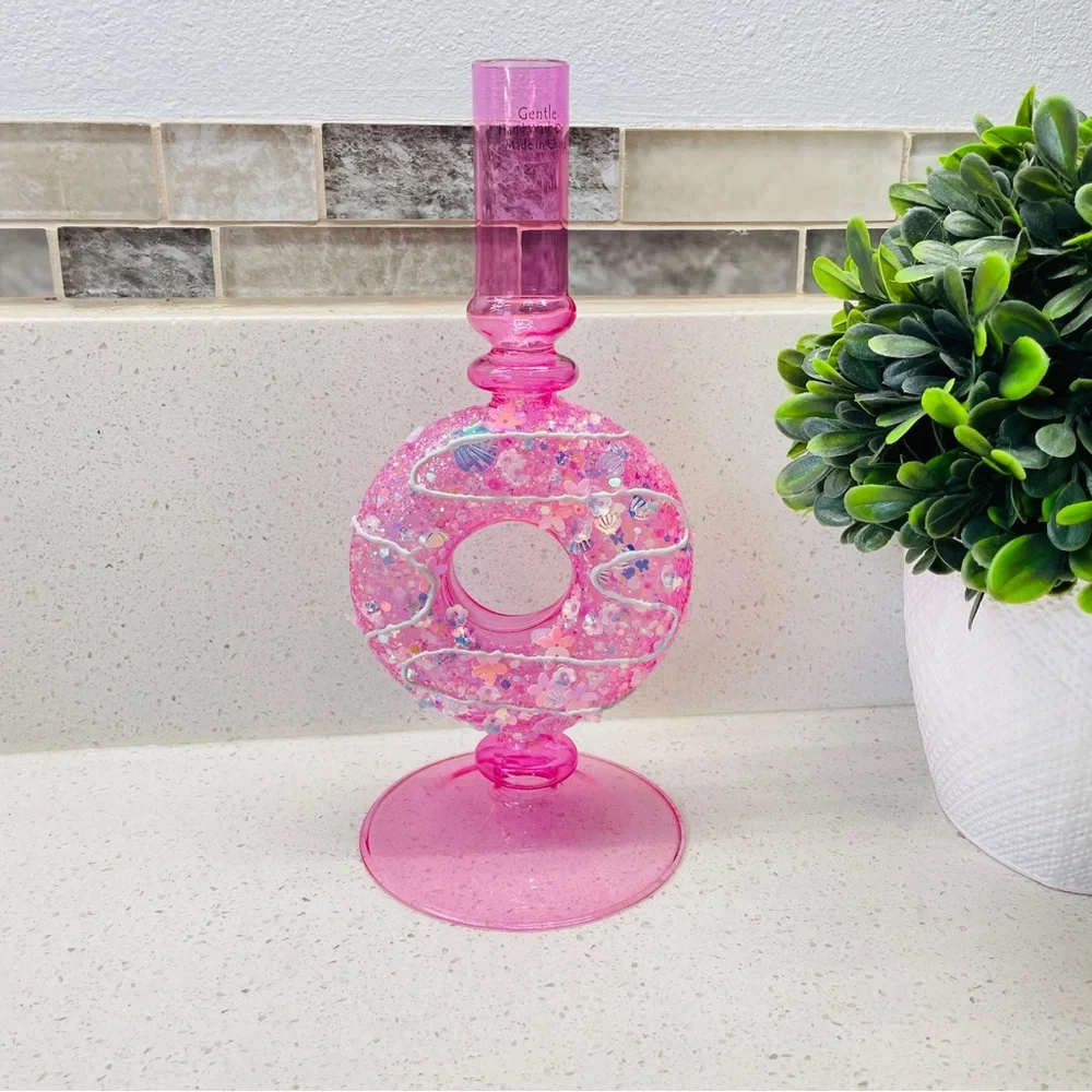 NEW Pink Glass Donut Taper Candle Holder Glitter‎ Sequin Accents Kitsch Decor